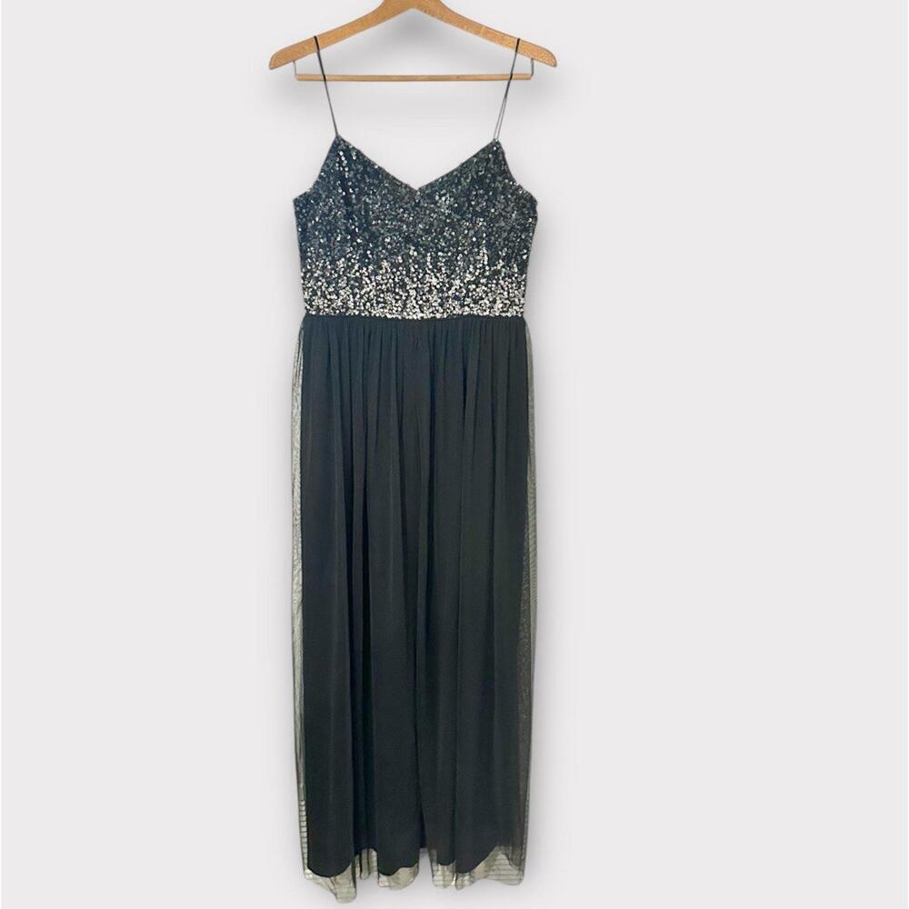Adrianna Papell Womens Formal Dress Spaghetti Long Sparkly Tulle Black US 12